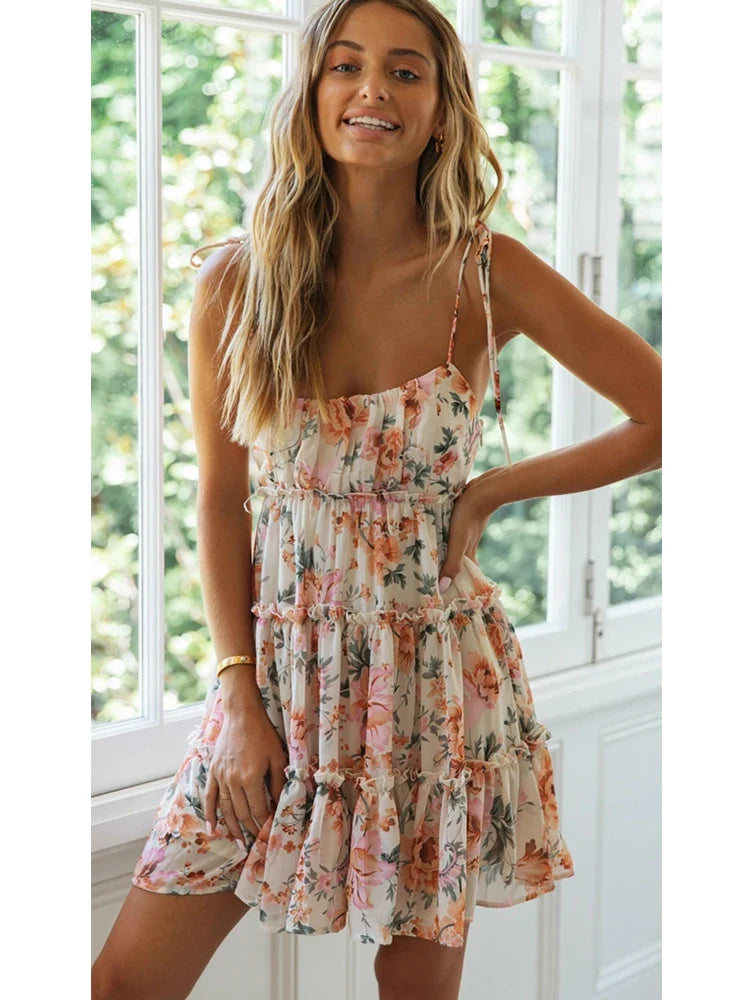 Spring Summer Print Floral Dress for Women Chiffon Strapless Sleeve Backless Ruffles Mini Dress Chic Lady Beach Vacation 2025 Fa