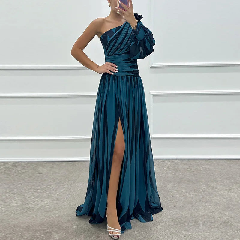 Spring Summer One Off Shoulder Fashion Party Dress, Women Printing Skew Collar Slim Maxi Dress, Long Sleeve Elegant Ladies Dress