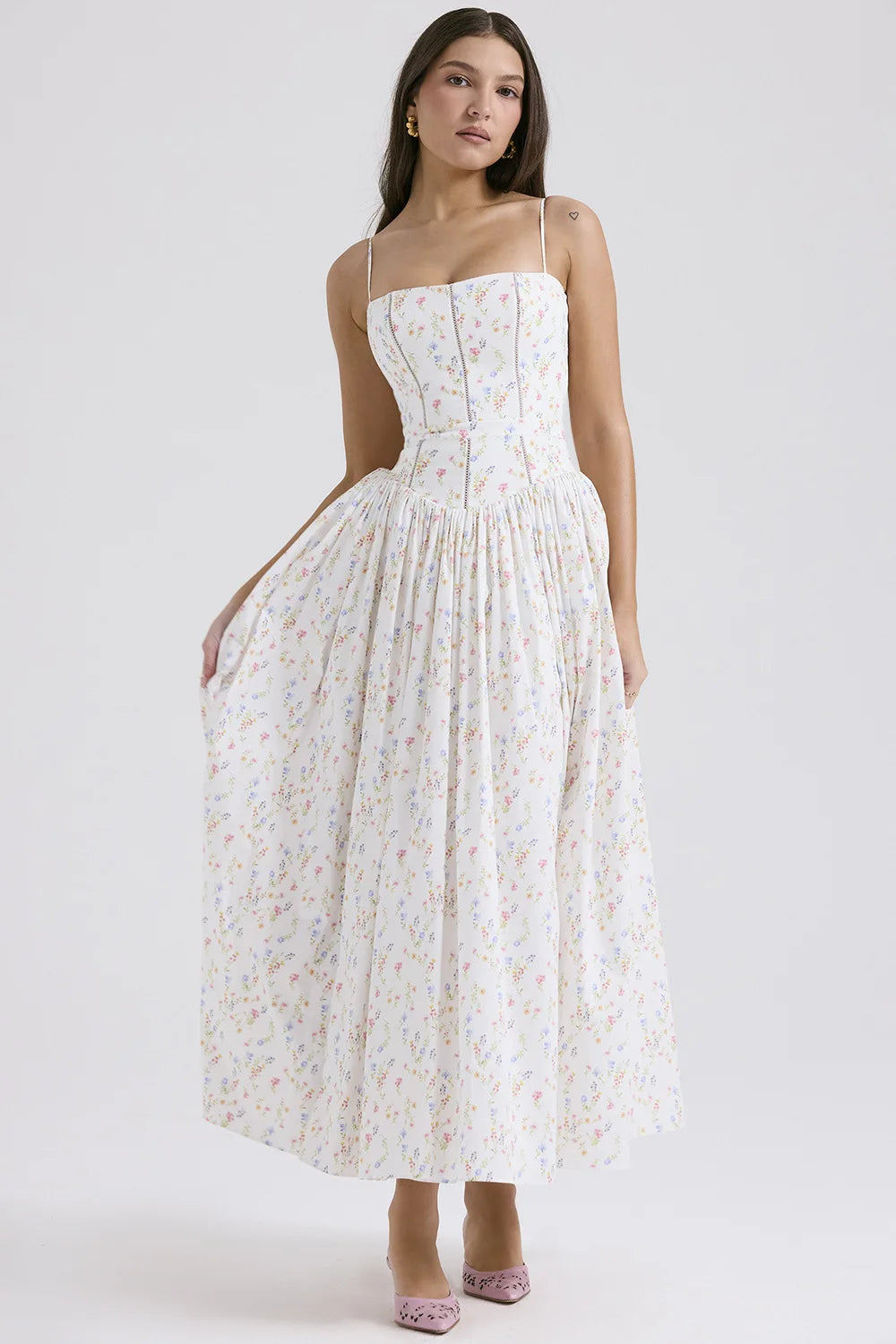 Spring Floral Print Chiffon Holiday Beach Dress Women Sexy V Neck Backless Sling Long Dress Summer Sleeveless Pleated Maxi Dress