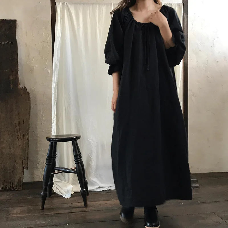 2025 New Spring Cotton Linen Dress for Women Solid Long Sleeve Drawstring Office Lady Elegant Maxi Dress