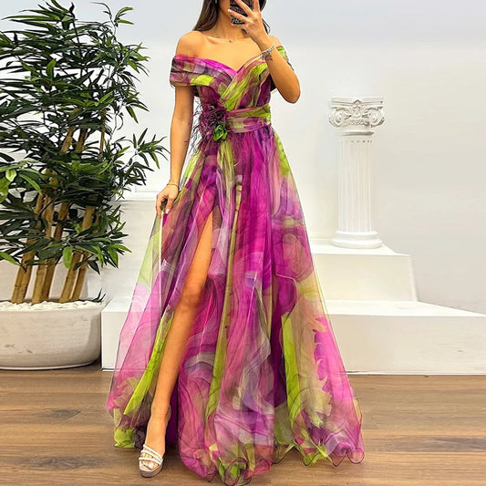 Spring Summer New Mesh Evening Dress Vintage Pattern Printed High Waisted Long Dress New One Shoulder Pleat Banquet Swing Dress