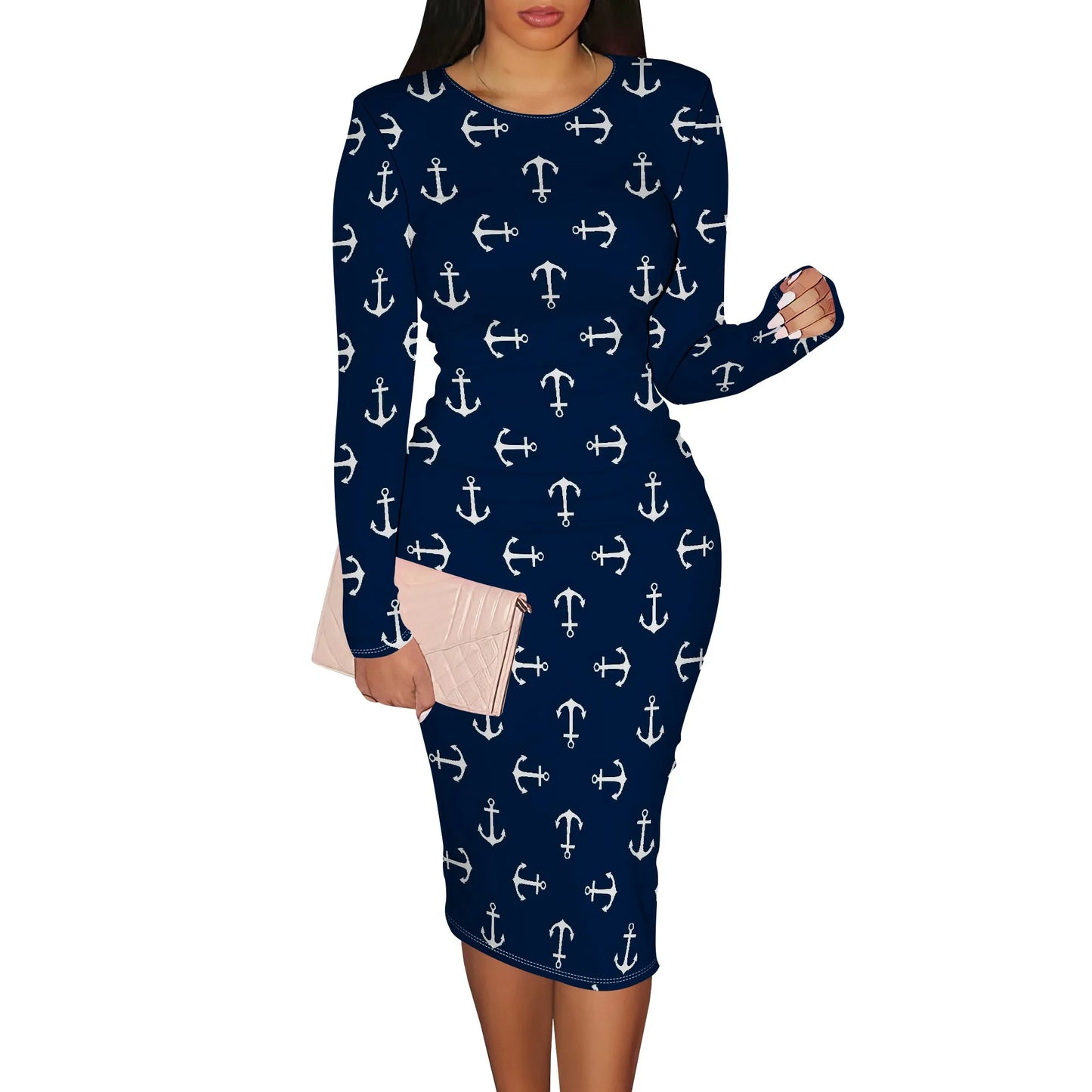 Women's Spring Casual Dress Sexy Slim Pleated Long Sleeve Crew Neck Midi Dress Fashion Out Party Pencil Skirt