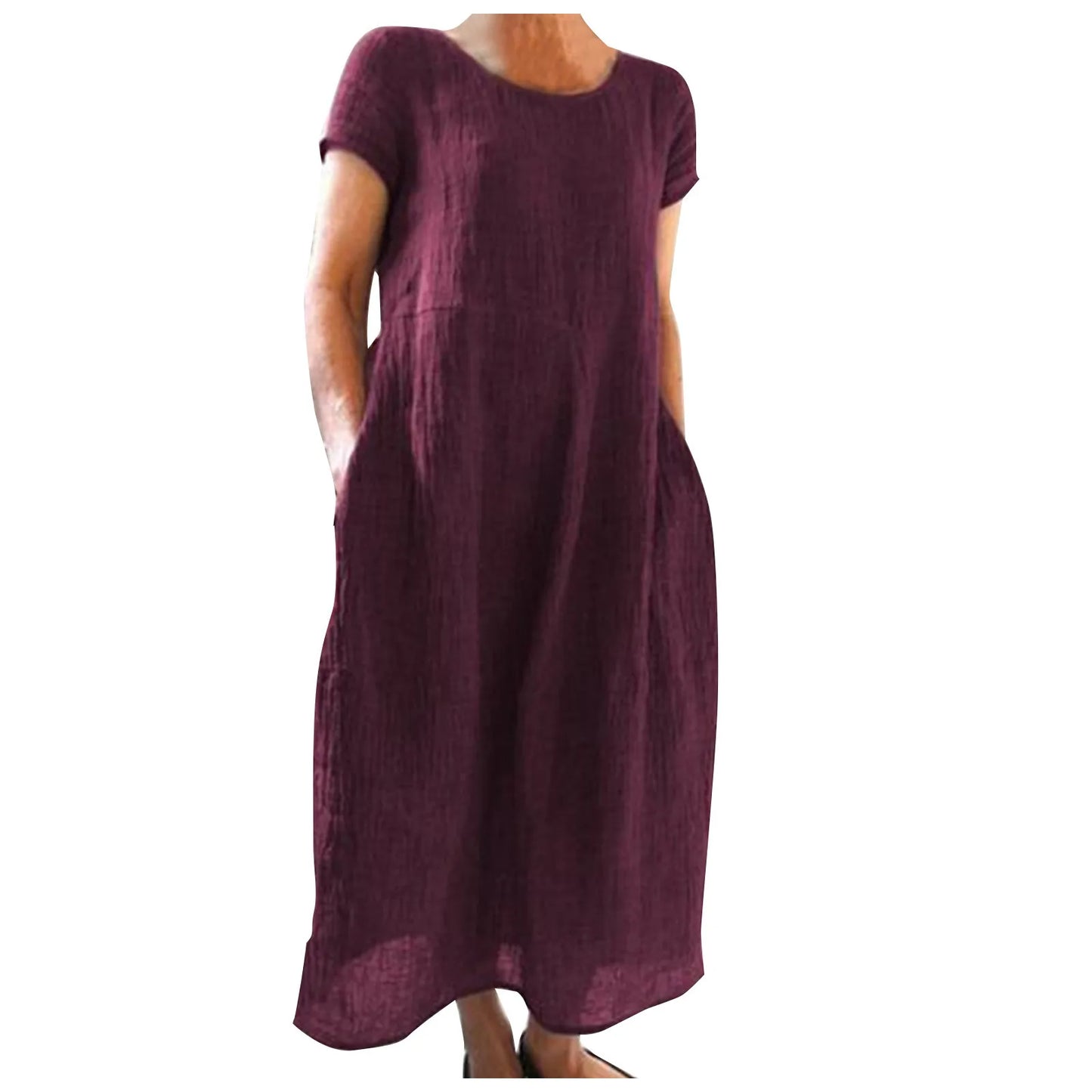 Spring Summer Woman Long Dress Office Lady Fshion Casual Loose Solid O-neck Short Sleeve Dresses For Women 2024 Female Robe