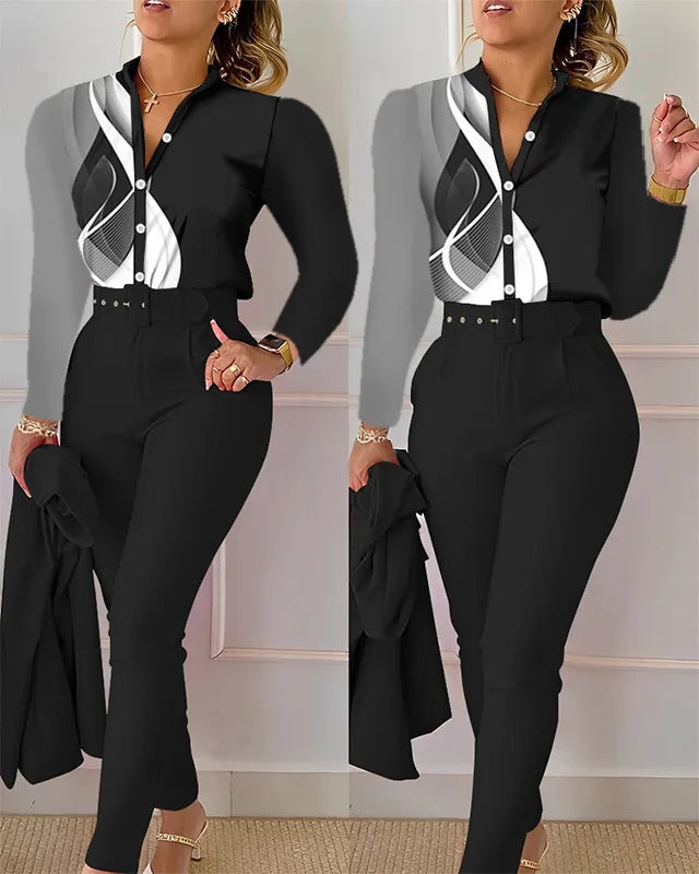 Women's Elegant Autumn/Winter Printed V-Neck Long Sleeve Button Shirt Top Fashion Solid Color Long Pants 2 Piece Set With Belt