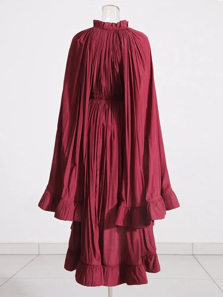 TWOTWINSTYLE Elegant Solid Dresses For Women V Neck Cloak Sleeves High Waist Spliced Lace Up Ruffles Pleated Dress Female Summer