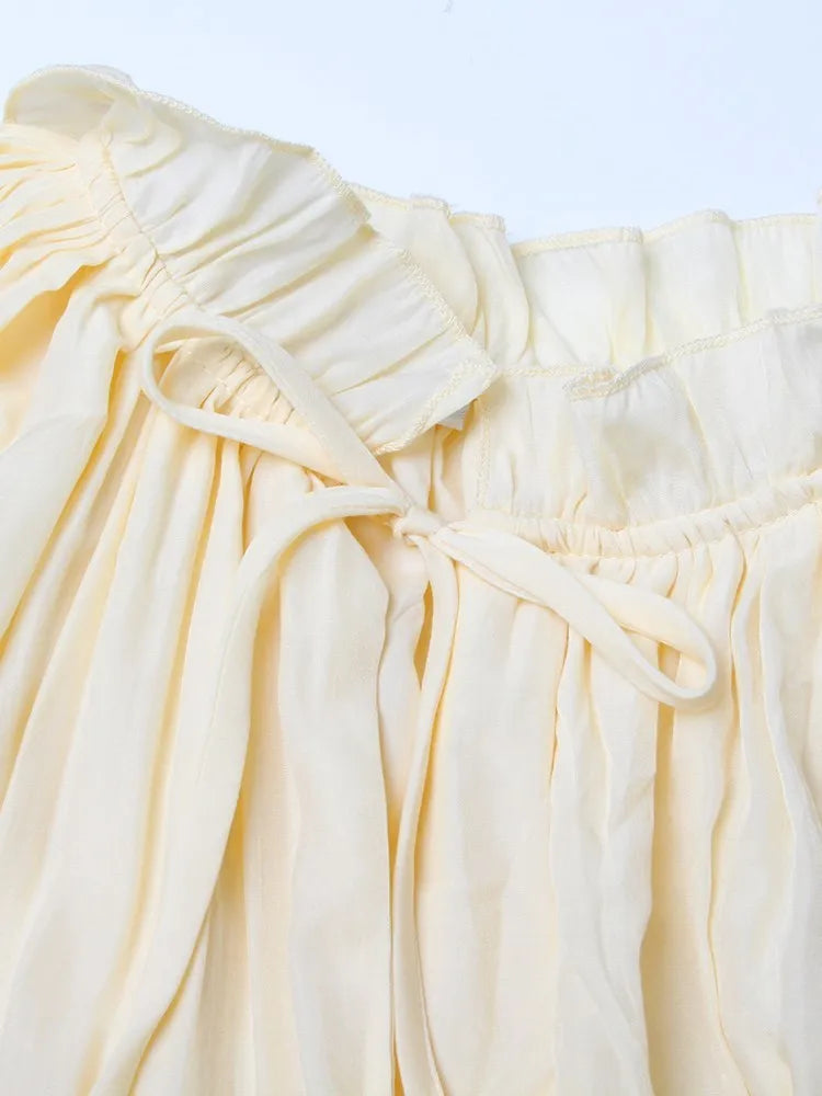 TWOTWINSTYLE Elegant Solid Dresses For Women V Neck Cloak Sleeves High Waist Spliced Lace Up Ruffles Pleated Dress Female Summer