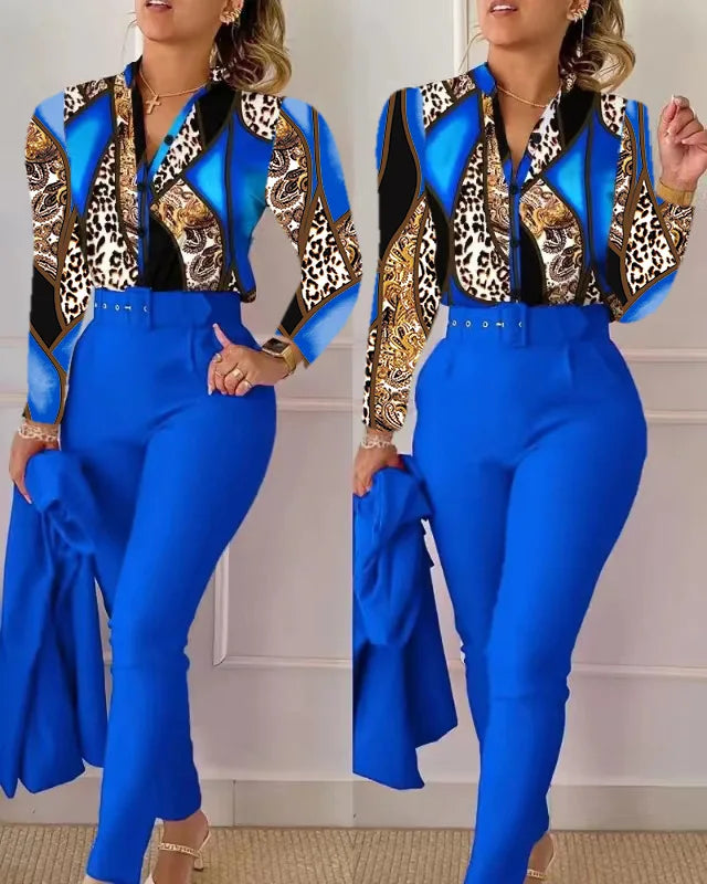 Women's Elegant Autumn/Winter Printed V-Neck Long Sleeve Button Shirt Top Fashion Solid Color Long Pants 2 Piece Set With Belt