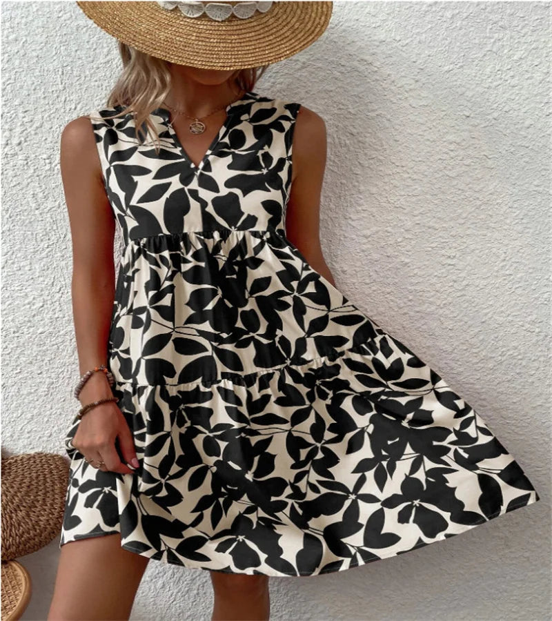 Spring and summer 2024 European and n Ladies Elegant Dress Bohemian fashion loose V-neck ruffle print dress