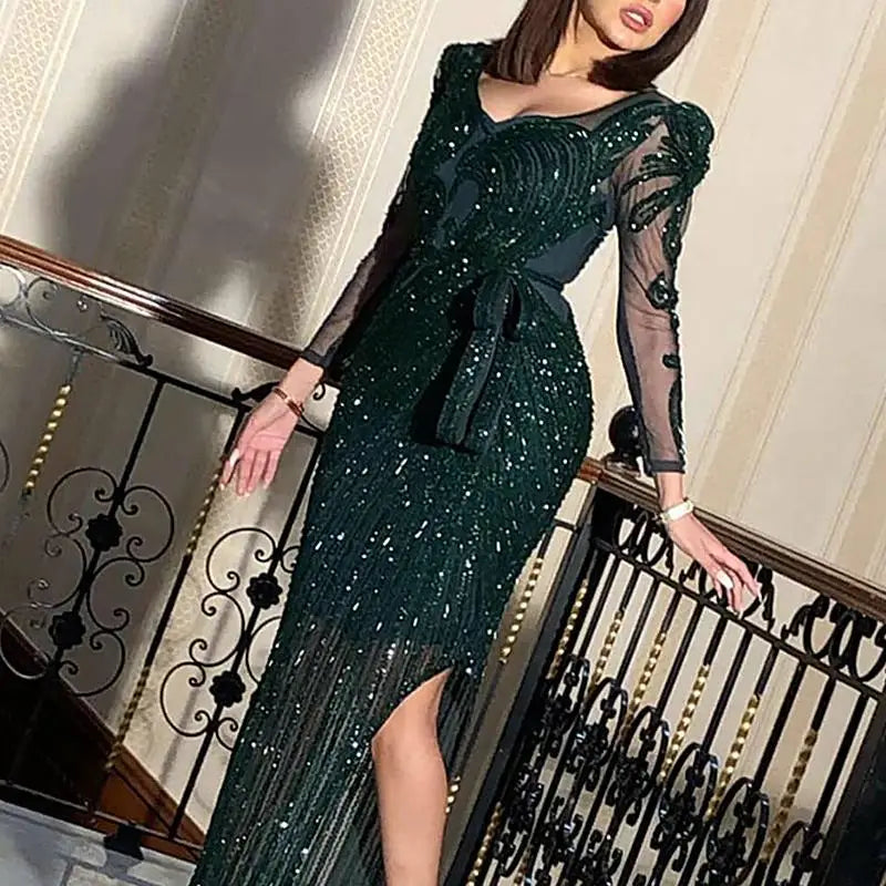 2022 New Fashion V-neck Sparkling Hot Printed Green Long Sleeve Evening Dress Evening Dress for Women party wedding Vestidos