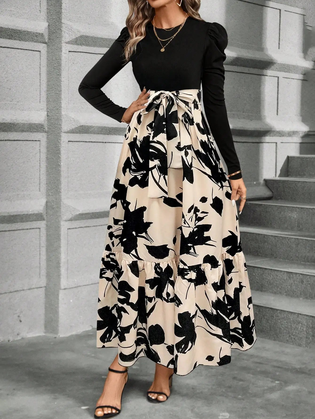Spring and summer color combination high-waisted flower print dress woman elegant
