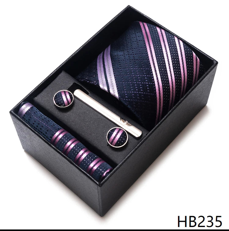 Tie Handkerchief Cufflink Set For Men Necktie Holiday Gift Box Blue Gold Suit Accessories Slim Wedding Gravatas