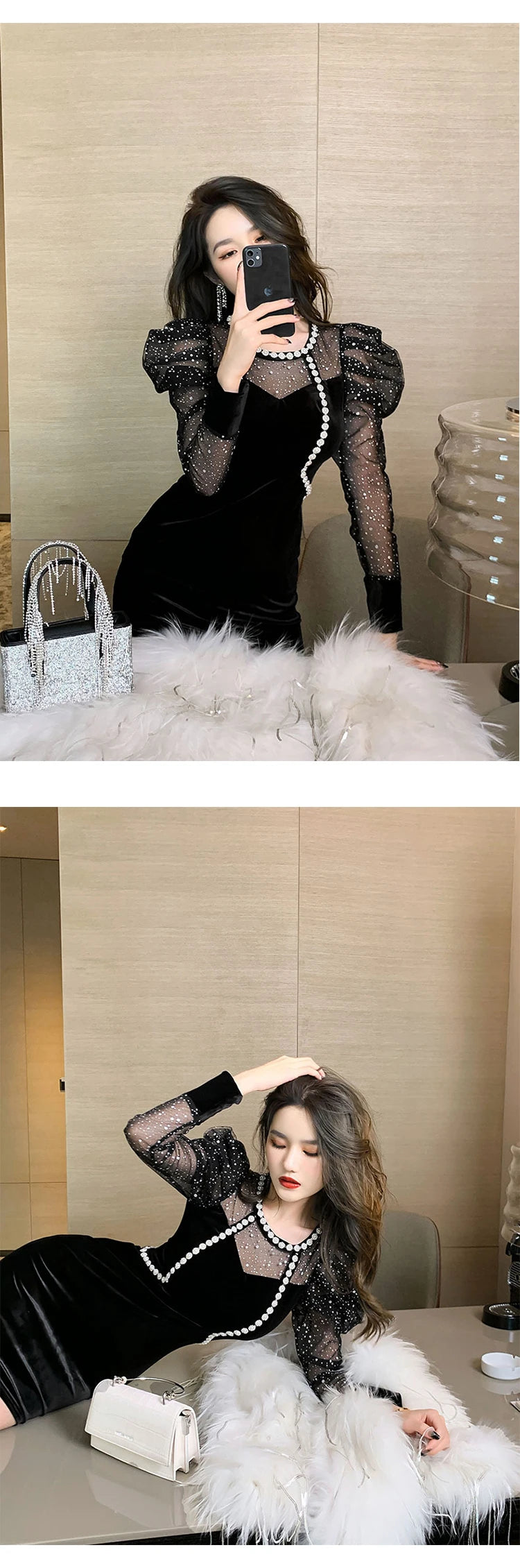 Spring Women Mini Dress French Court Retro Black Mesh Patcchwork Appliques Flower Puff Long Sleeve Bag Hip Vestidos Para Mujer