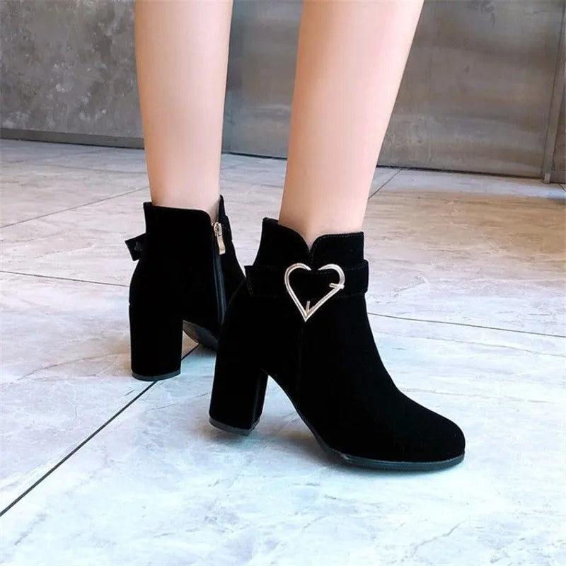 Women's Chunky Heeled Ankle Boots, Solid Color Side Zipper High Heels, Stylish Short Boots