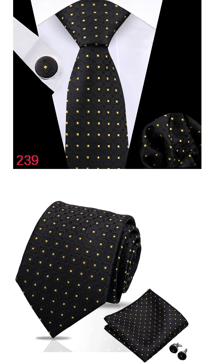 Luxury Plaid Tie For Mens Necktie Handkerchief Pocket Square Cufflinks Set Jacquard Woven Ties Wedding Business Accessories