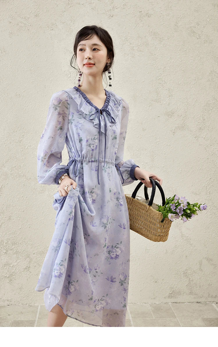 MISHOW Print Spring Summer Dress for Women New 2025 Ruffled V-neck Long Sleeve Blue French Dresses Female Fashion MXE15L2139