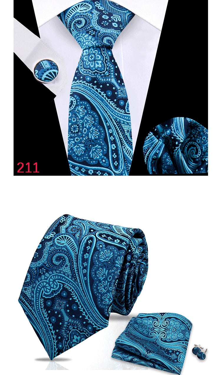 Luxury Plaid Tie For Mens Necktie Handkerchief Pocket Square Cufflinks Set Jacquard Woven Ties Wedding Business Accessories