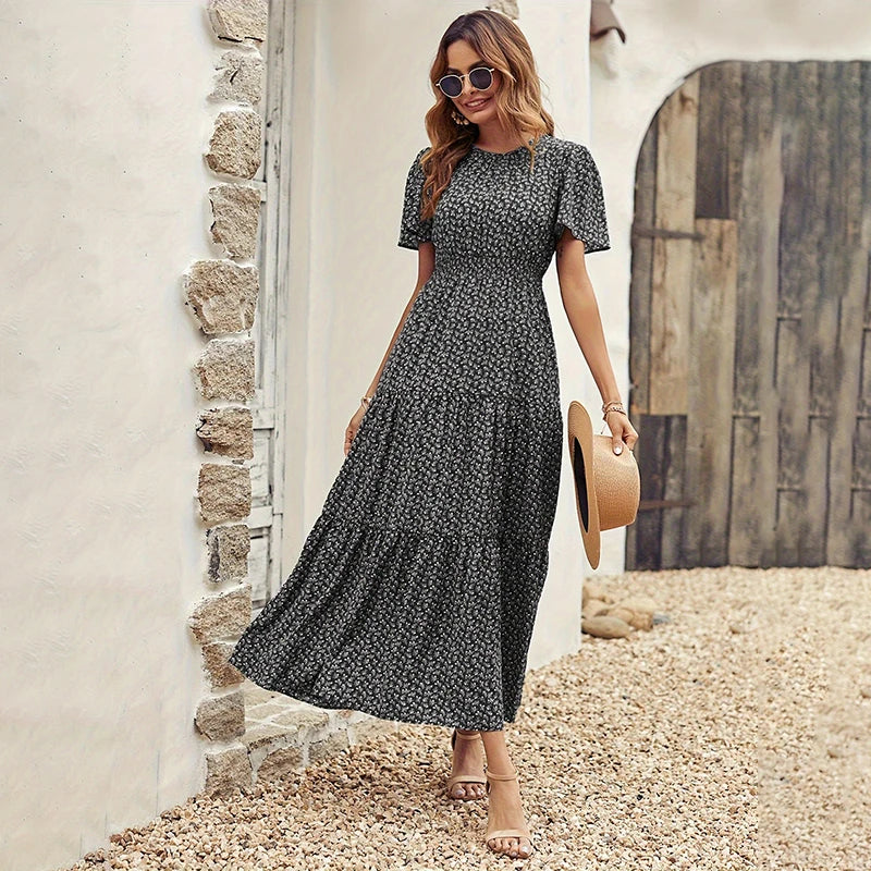 Spring Summer Tierred Dress Women Midi Dresses Female Short Sleeve Elastic Waist Printed Floral Pleated Backless Casual Dress