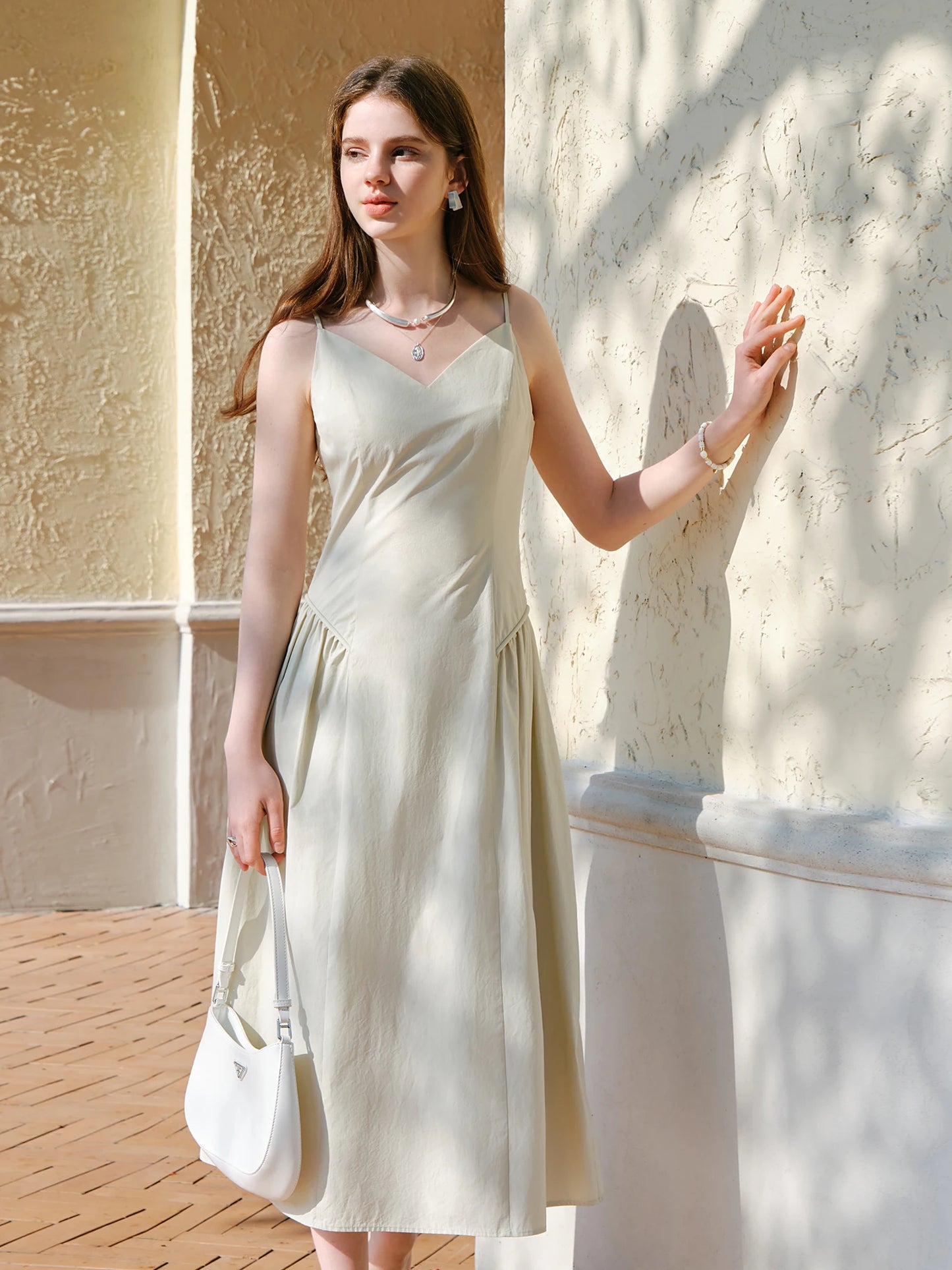 FSLE【4 Colors】Women Spring Strappy Dress 100% Cotton Temperament Simple A-LINE Dresses 2025 Spring White Dress 25FS11073