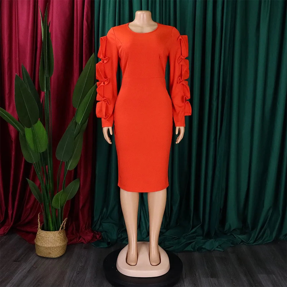 Elegant Office Dresses for Woman 2024 New O Neck Petal Sleeve Sheath Package Hips Mid Calf Formal Business Work Wear Dress Midi