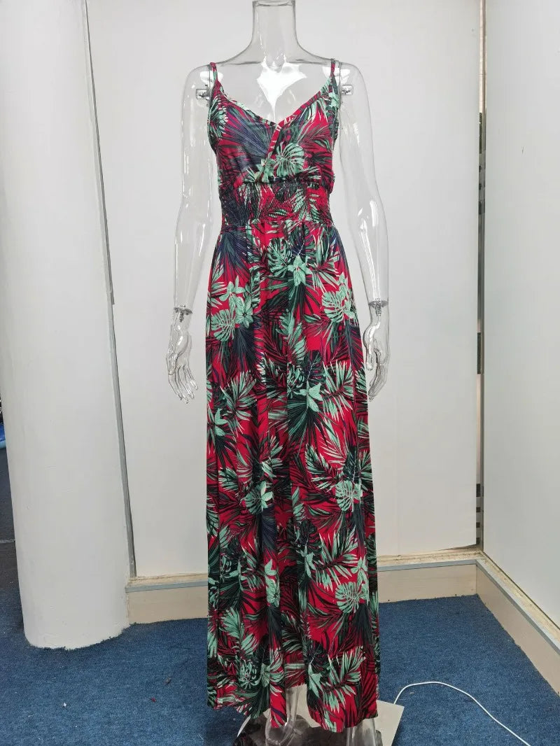 Spring Summer Elegant Women Corset Bohemian Dress Sexy New 2024 Fashion Strap V Neck High Waist Print Long Vacation Dress