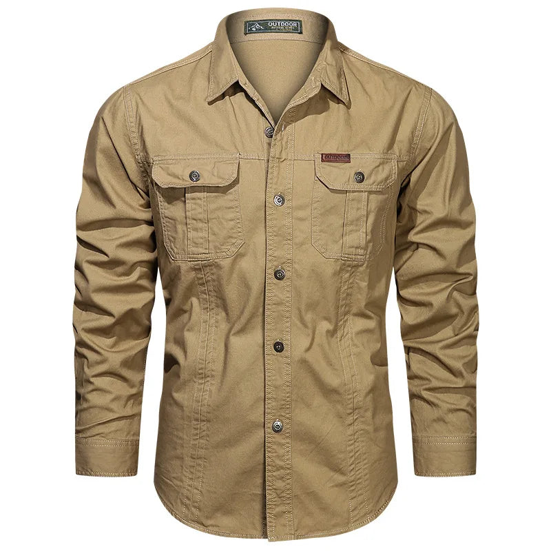Spring Autumn Cargo Shirt Men Long Sleeve Casual Cotton Shirts High Quality Camisa Militar Overshirt Brand Clothing White Blouse