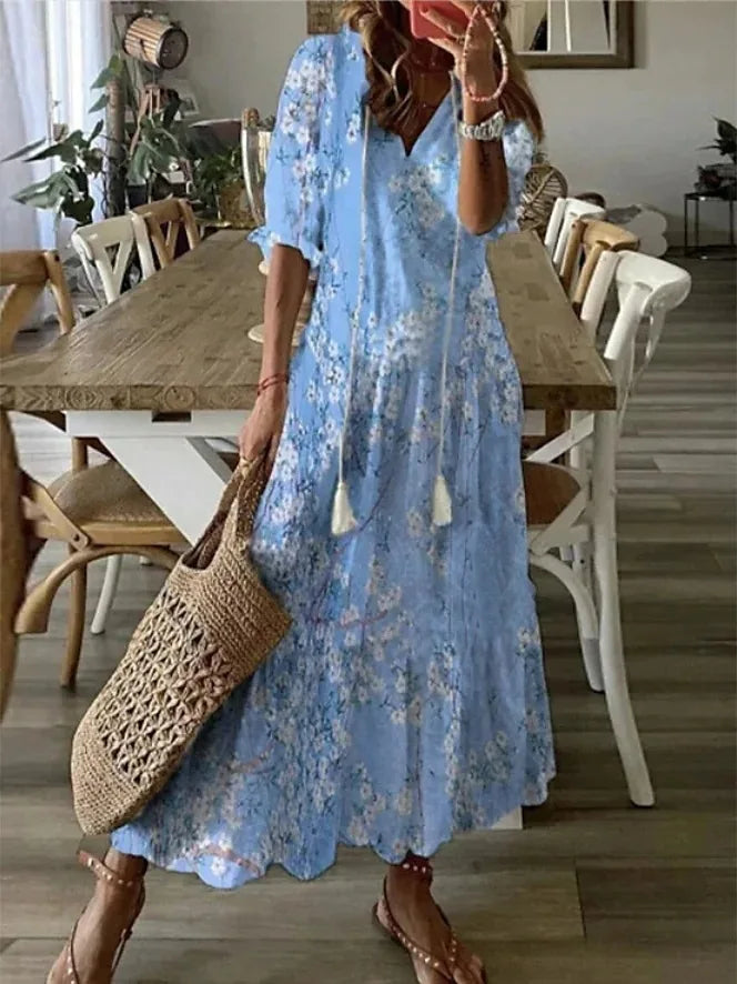 New Women's Spring Summer Dress Sexy V-neck Drawstring Printed Long-sleeved Dress Casual Loose Fashion Elegant Fresh Sweet Dress