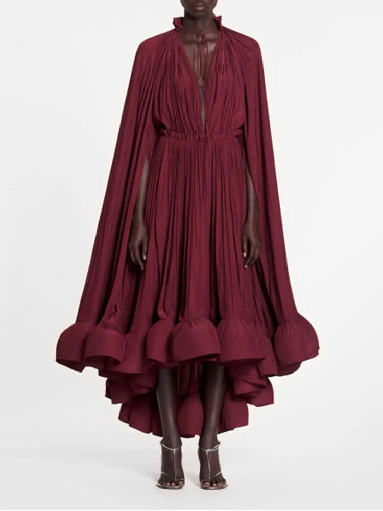 TWOTWINSTYLE Elegant Solid Dresses For Women V Neck Cloak Sleeves High Waist Spliced Lace Up Ruffles Pleated Dress Female Summer
