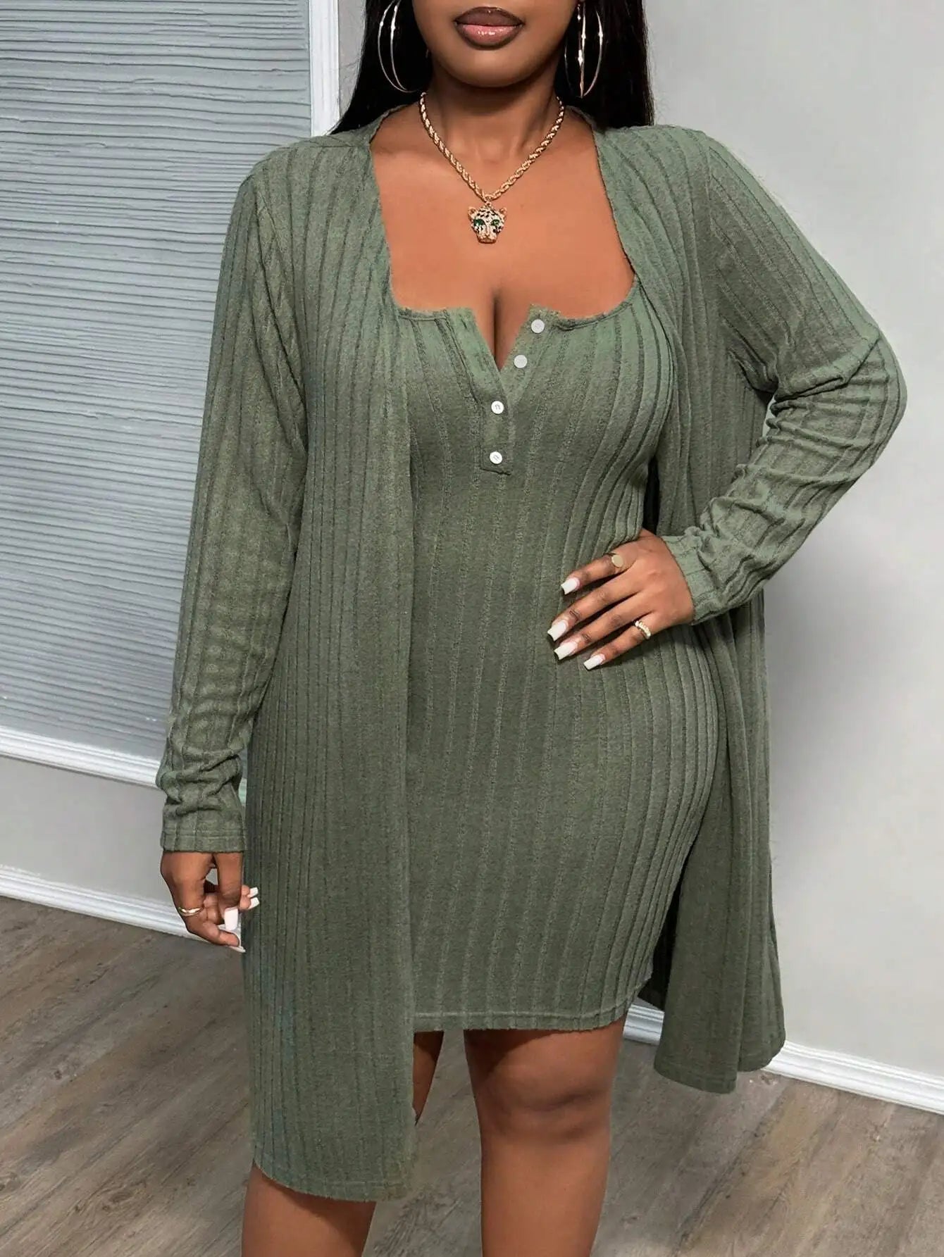 Plus Size Ribbed Elegant Two Piece Set Dress Women Solid Mini Dress Female Casual Long Coat 2024 Autumn Large Size Matching Set