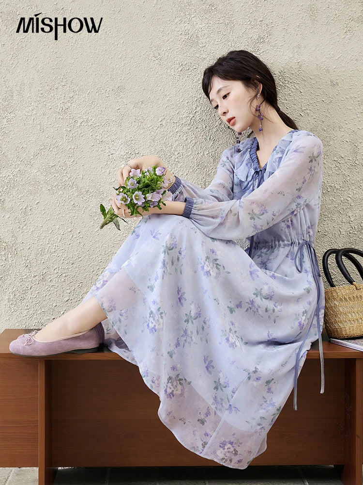 MISHOW Print Spring Summer Dress for Women New 2025 Ruffled V-neck Long Sleeve Blue French Dresses Female Fashion MXE15L2139