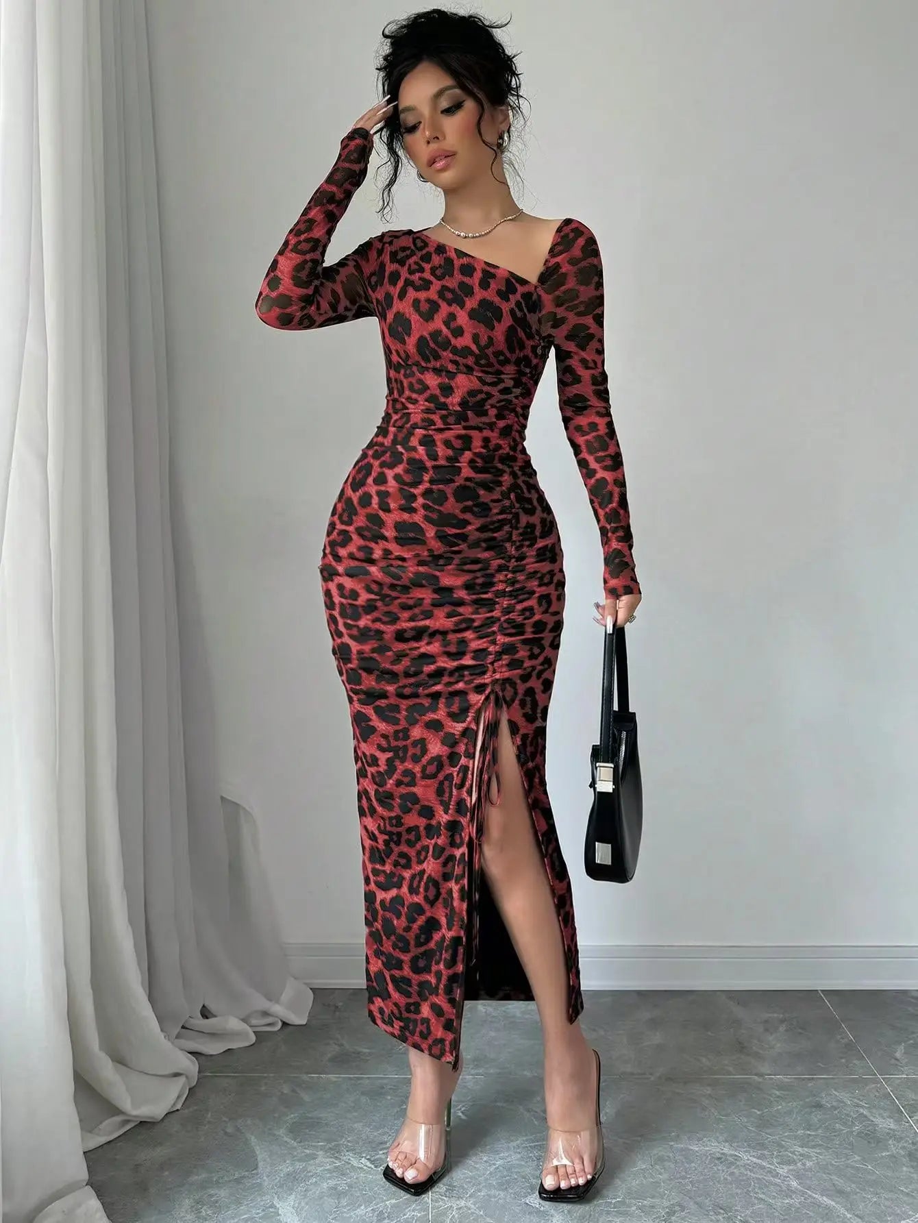Sexy Leopard Print Women's Dresses Fashion Ruffled Sexy Slit Party Dress For Women Spring Summer Bodycon Package hip Vestidos