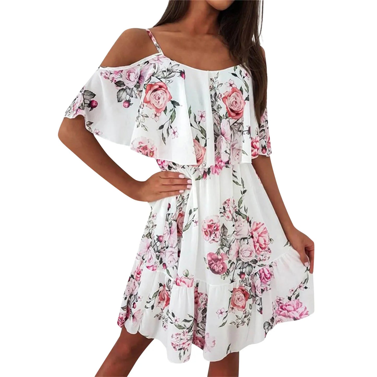Women'S Spring/Summer New 2024 European And American Chiffon Printing Sexy Off Shoulder Strap Large Swing Ruffle Edge Dress