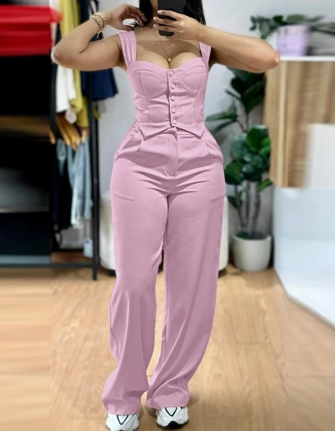 Women's Sexy Suits 2025 Spring Summer Latest 2 Piece Thick Strap Button Front Slim Fit Tank Top High Waist Wide Leg Pants Set