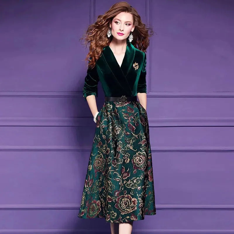 Spring Autumn Dress High End Women's Elegant Dresses Female Jacquard Gold Velvet Korean Slim Evening Party Female Maxi Vestidos