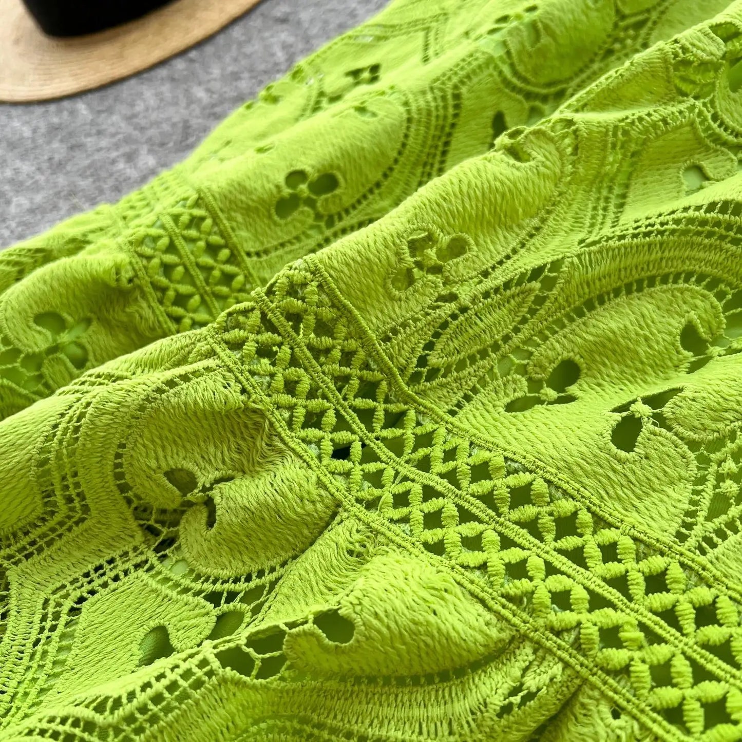 Spring French Vacation Fashion Dress Women Buttons Hook Flower Hollow Out Design 2025 High Quality Lace Ruffles Long Dress