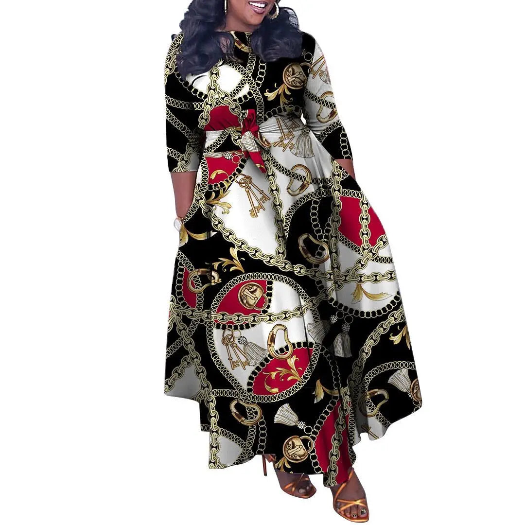 Women's 2024 Autumn New Style Fashionable Elegant Temperament Fashionable Printed Strap Waist Large Skirt Large Size Dress