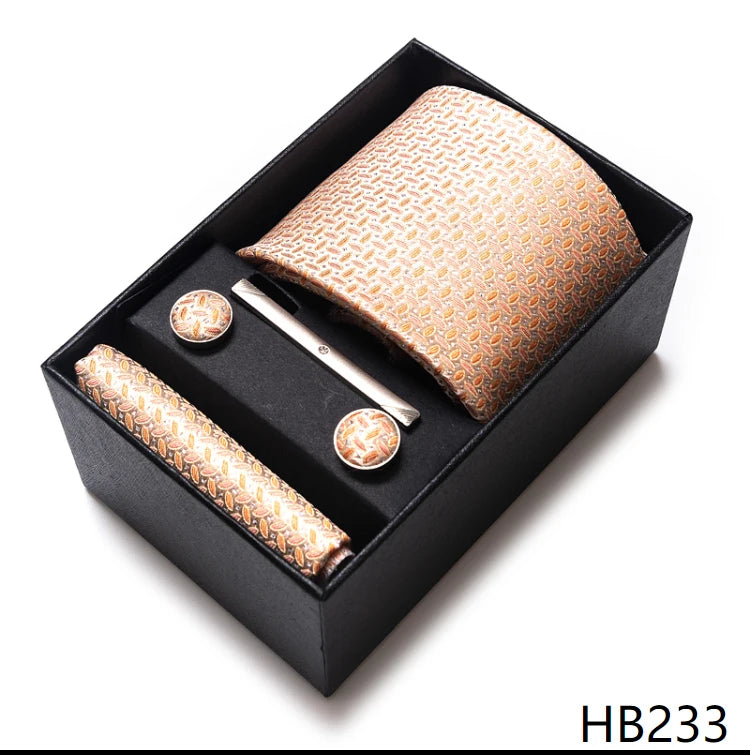 Tie Handkerchief Cufflink Set For Men Necktie Holiday Gift Box Blue Gold Suit Accessories Slim Wedding Gravatas