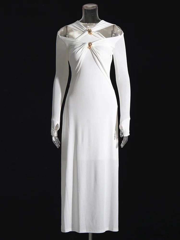 TWOTWINSTYLE Knitting White Dresses For Women V Neck Long Sleeve High Waist Hollow Out Slim Dress Female Summer 2023 Clothing
