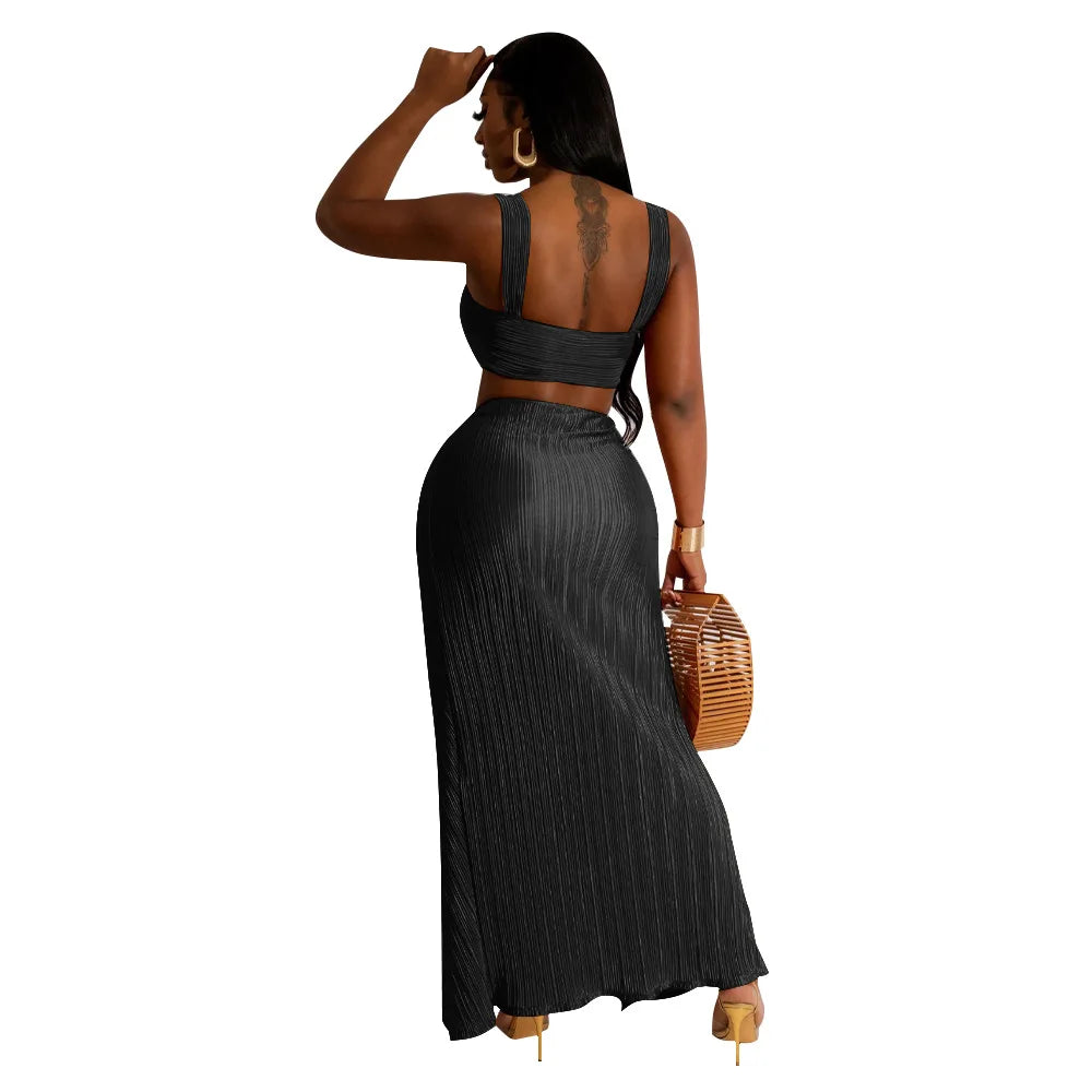 Summer Dresses for Women Two Pieces Set Sexy Backless Halter Top and High Waist Side Slit Pleated Skirt Matching Lady Streetwear