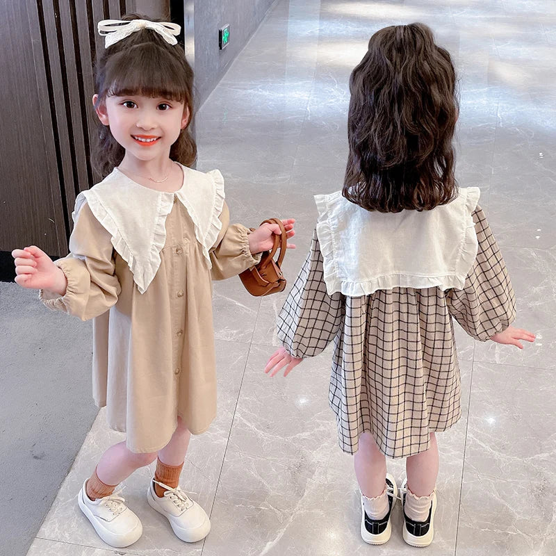 Autumn/Winter Girls' Dress Lapel Lace Lace Pleated Plaid/Solid Color Puffy Sleeve Garden Cotton And Linen Dress (Girls 0-3 Years