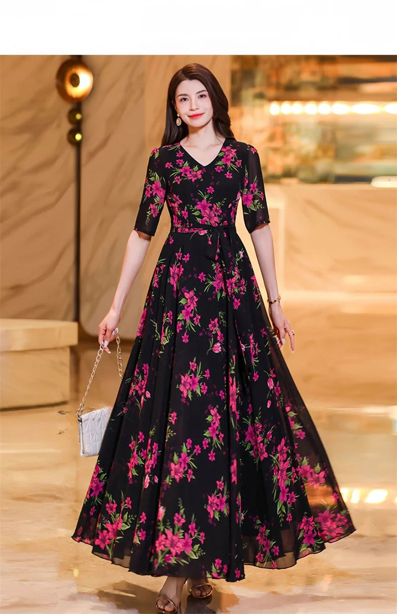 Womens Dresses Fashion Summer Dresses 2024 Summer Senior red Print Dress Long Loose Temperament Waist Loose Big Swing Dress
