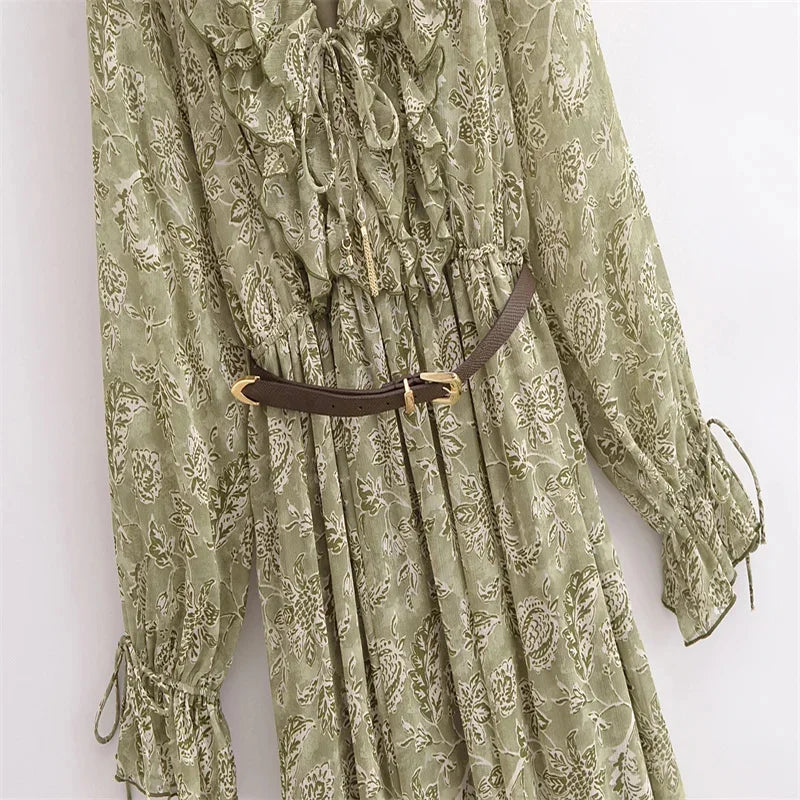 2025 New Spring Womens Dress Flower Printed Long Dresses For Women Long Sleeve Belt Midi Dress Ladies Elegant Party Dresses