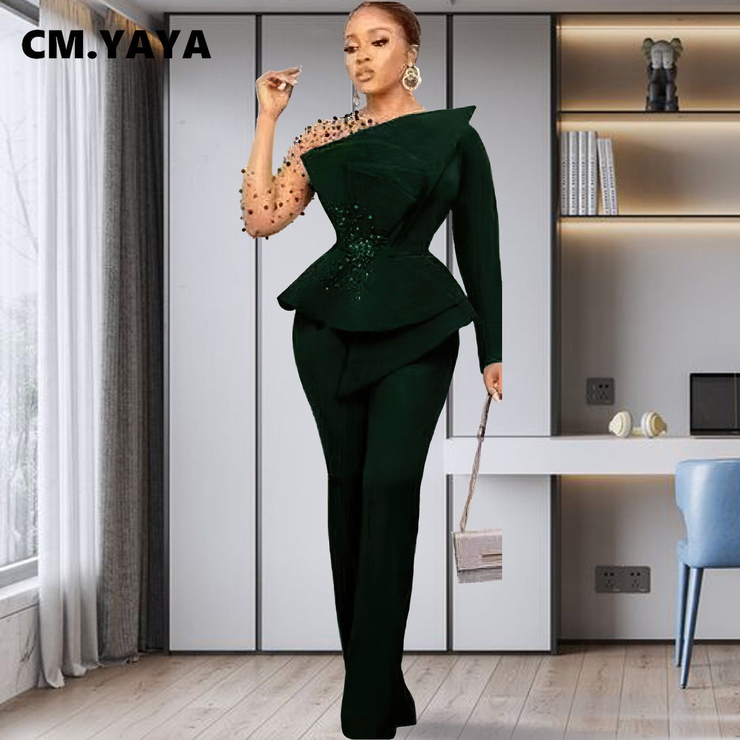 CM.YAYA Vintage Women Beading Mesh Patchwork Ruffles Fan-shaped Blazer Tops and Pants Suit Two 2 Piece Set Outfits Tracksuit