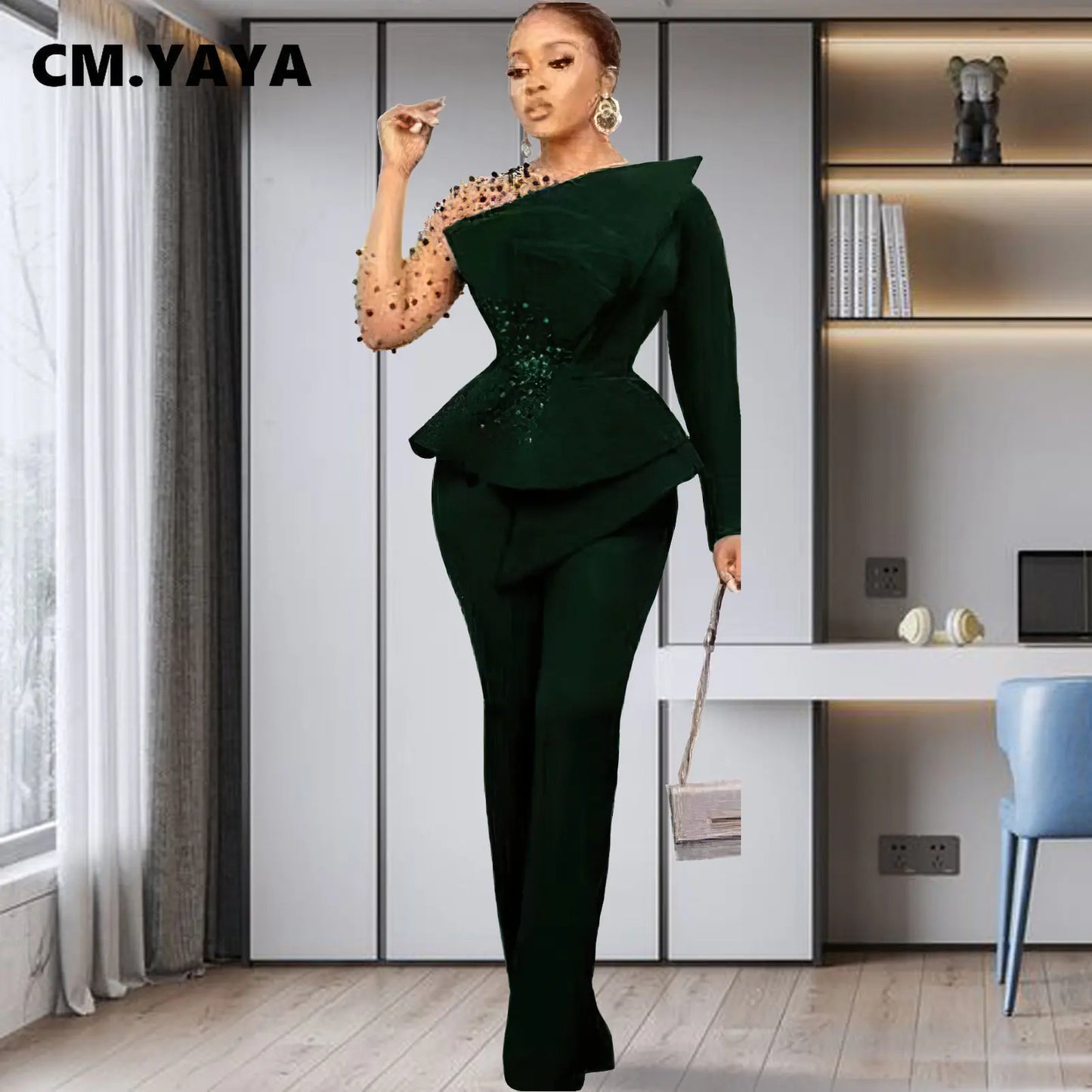 CM.YAYA Vintage Women Beading Mesh Patchwork Ruffles Fan-shaped Blazer Tops and Pants Suit Two 2 Piece Set Outfits Tracksuit