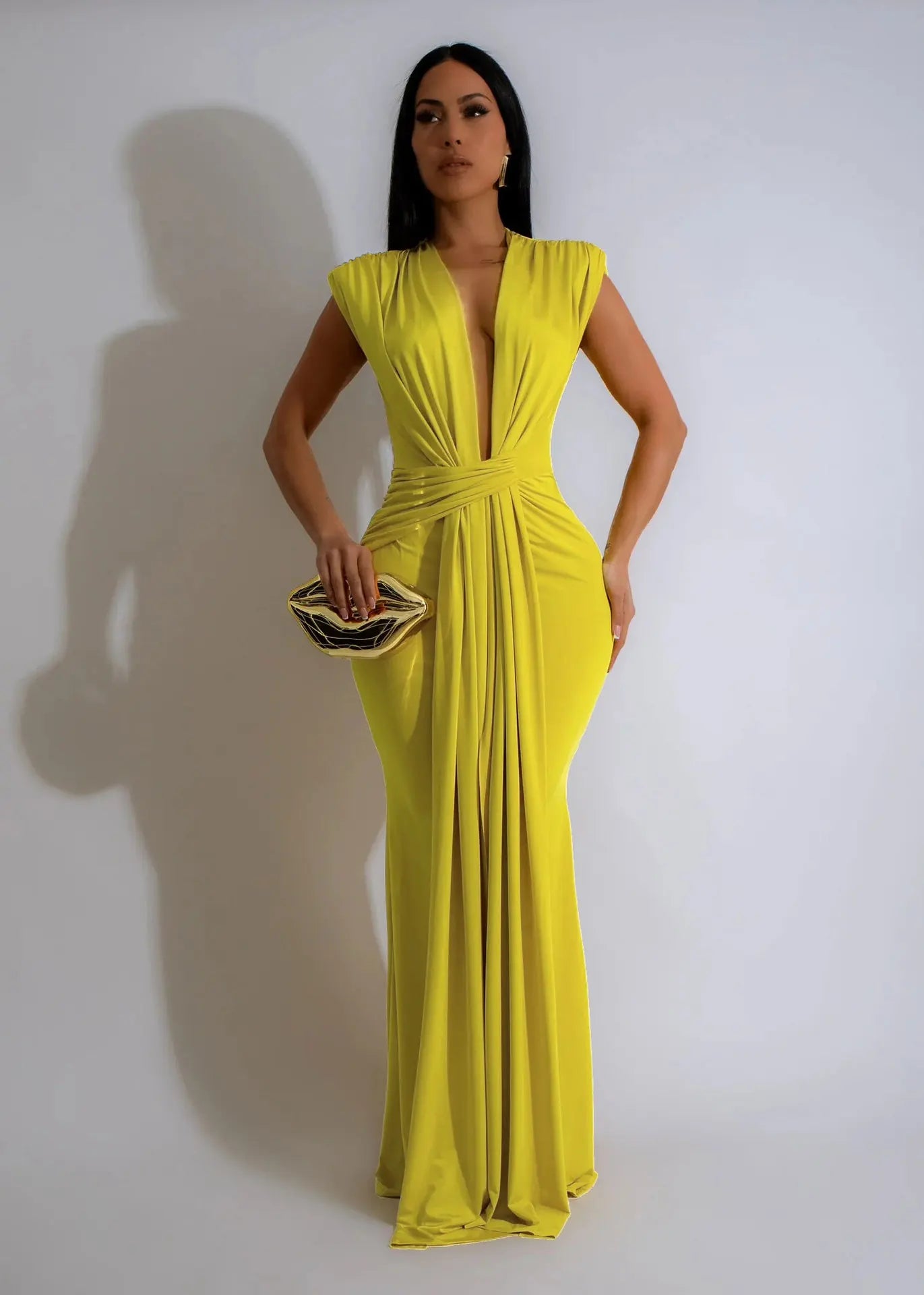Dress Women Long Dresses Deep V Neck Sleeveless Solid Slim Fit Tight Waist Sexy Elegant Splice Hip Wrap Temperament Vestidos