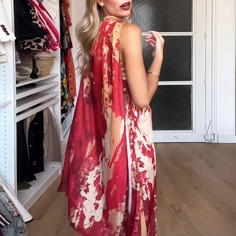 Spring Elegant Print Shawl Collar Holidays Dress Women Sexy Strapless Split Long Dress Summer Sleeveless Slim Party Maxi Dresses