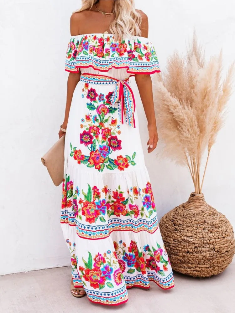 2024 Spring Summer Women's New Sexy One Shoulder Off Shoulder Fashion Red Flower Printed Lace Up Waist Long Swing Dress