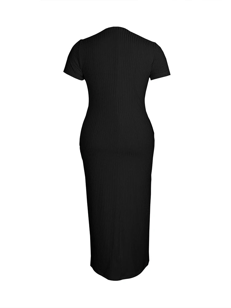 Plus Size 2024 Summer New Round Neck Short Sleeve Slim Hottie Ladies' Stylish Summer Solid Versatile Bodycon Dress