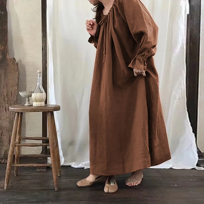 2025 New Spring Cotton Linen Dress for Women Solid Long Sleeve Drawstring Office Lady Elegant Maxi Dress
