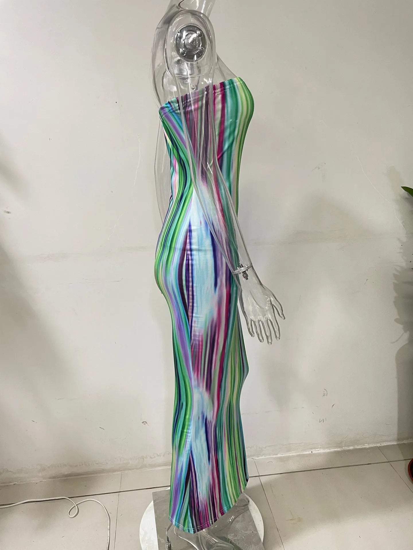 Sexy Boho Style Colorful Striped Tie-dyed Long Maxi Dress Women Strapless Sleeveless Bodycon Dress Elegant Club Party Vestidos