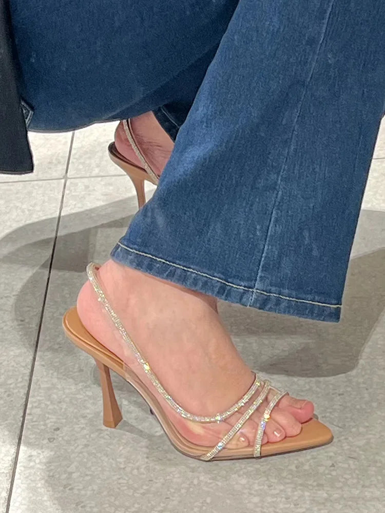 Thin Heel High Heels Women's 2024 Summer New Fairy Style Sexy Shallow Mouth Back Hollow Pointed Water Diamond Open Toe Sandals